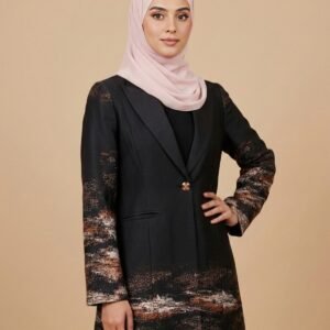 Modern Abstract Printed Longline Blazer Coat &ndash; Black & Earth Tones