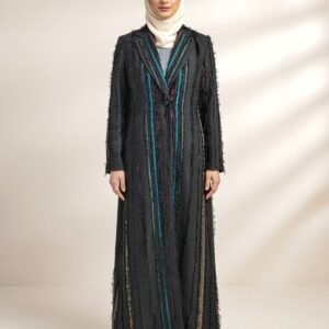 Luxury Black Long Blazer with Turquoise Lapel