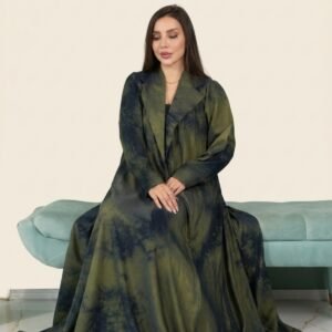Modern Tie-Dye Longline Blazer Abaya in Olive & Navy