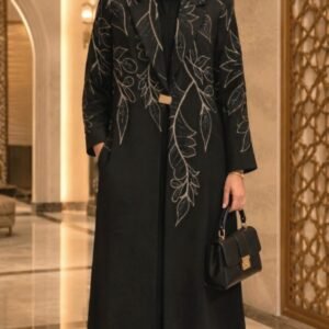 Luxury Black Embroidered Leaf Long Blazer Abaya