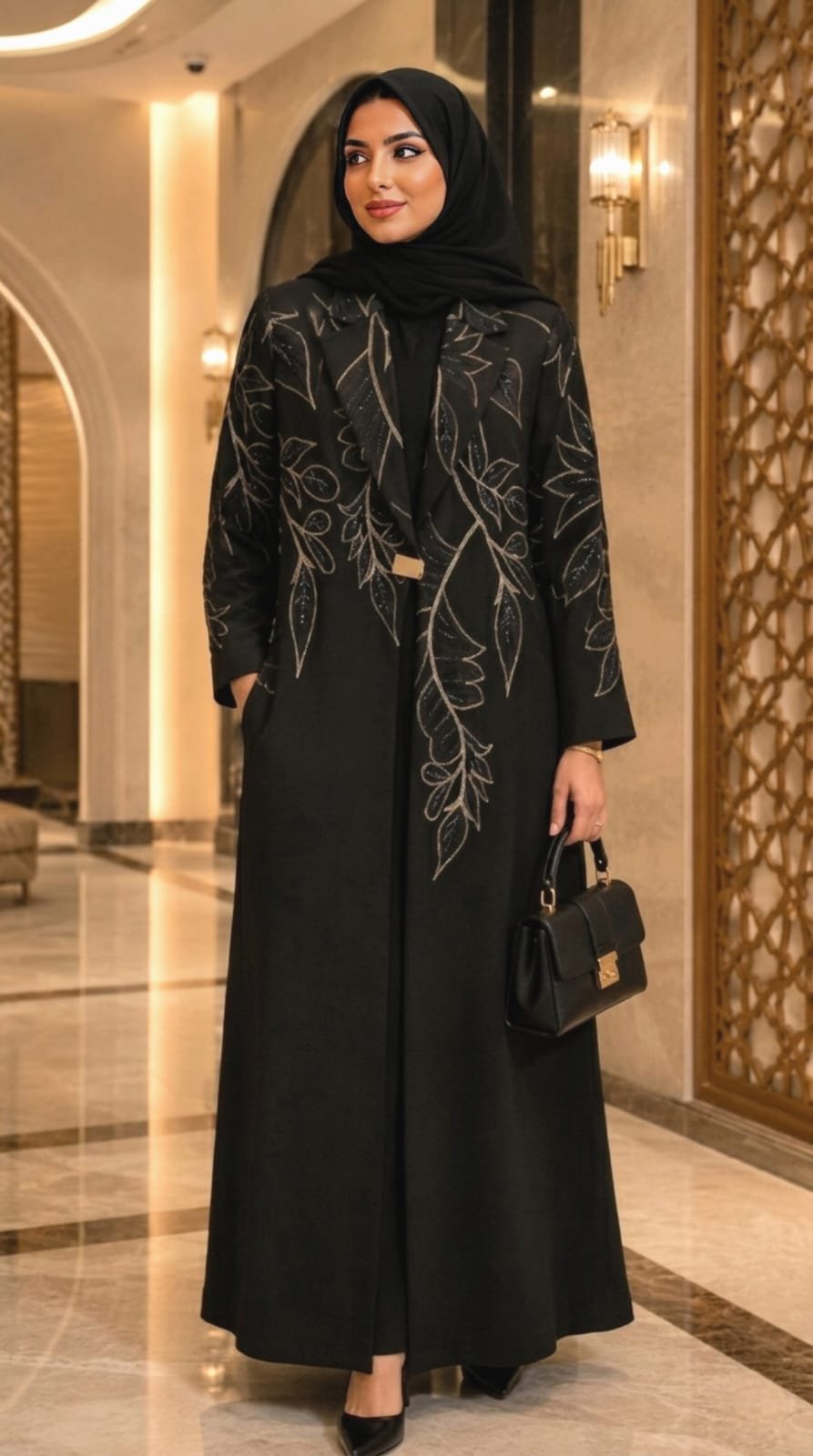 Luxury-Black-Embroidered-Leaf-Modest-Long-Blazer-Abaya